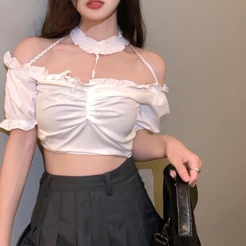 Halter Hollow Women Short Length Tshirt Black White Girl Sexy T Shirt Ruffles Pleated Puff Sleeve Off Shoulder Gothic Street Top