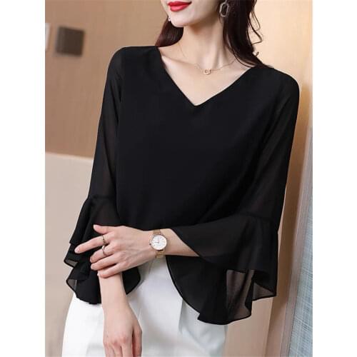 2021 Spring Chiffon Solid Tops Women Vintage Blouse Causal Summer V neck Tops flare Sleeve Shirts Plus Size 6XL 7XL 8XL
