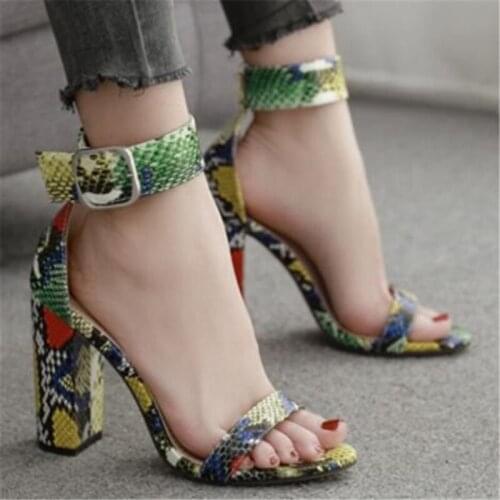 Women sandals PU Buckle Strap 11.5CM Square heel High heels Round Toe Serpentine Shallow sandal for women shoes size 35-42