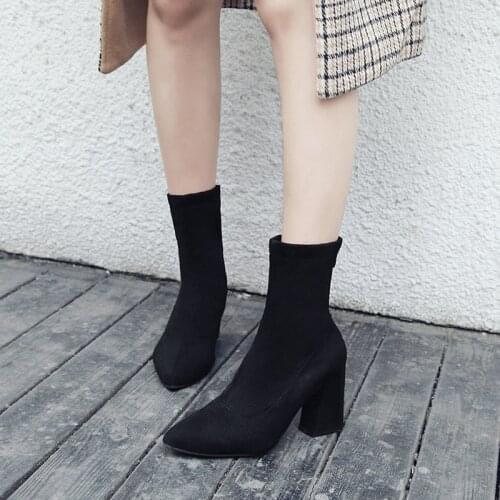 Women Stretch Fabric Ankle Boots Ladies Pointed Toe Elegant Thick Heels Woman Pumps Female Sock Shoes Womens Fashion Footwear