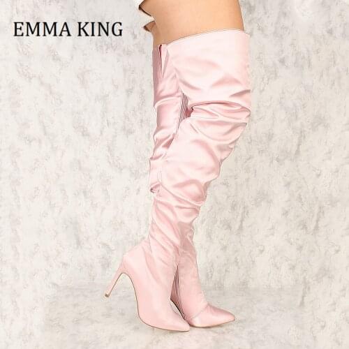 Spring Autumn Women Over The Knee Boots Pink Silk Cloth Pointed Toe Woman Thigh High Heels Shoes Side Zipper Botas Altas Mujer