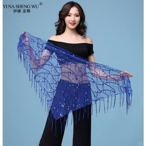 Ladys Belly Dance Costumes Sequin Hip Scarf Stretchy Long Tassel Belly Dancing Belt Shawl Accessories Performance Training Props