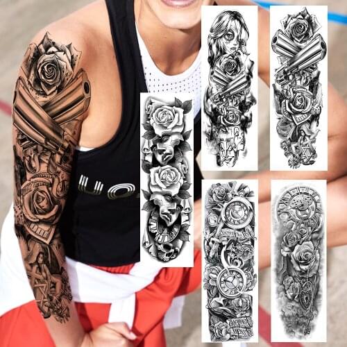 For Women Men Body Art Temporary Tattoos Full Arm Realistic Fake Black Rose Gun Gangster Mask Sleeve Waterproof Tattoos Sticker