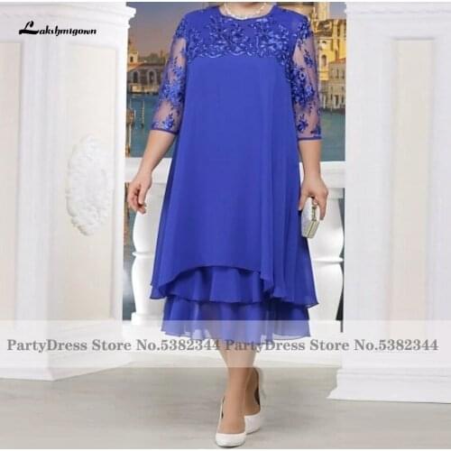 Vestido Pluz Size Festa Mother of the Groom/Bridal Dress Tea Length 2022 Formal Women Royal Blue Guest Party Dress with Sleeves