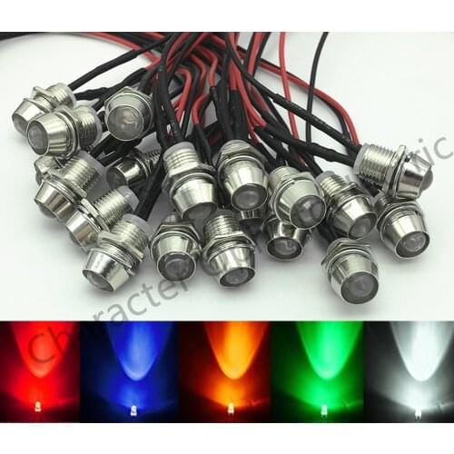 10-100pcs 5mm 12V colorful pre-wired LED Metal Indicator Pilot Dash Light Lamp Wire Leads