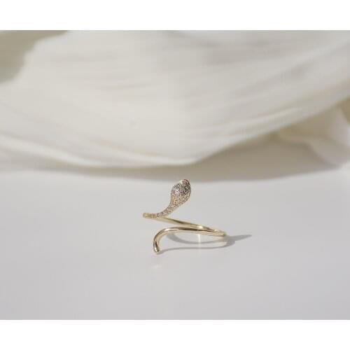 14k Real Gold Jewelry Micro-inlaid Zircon Snake Shaped Adjustable Size Rings for Woman Shine Holiday Party Daily Elegant Ring
