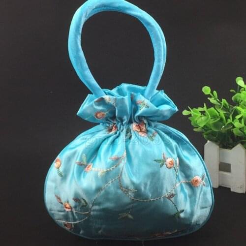 Wholesale New Fashion Womens Blue Embroider Flower Silk Satin Bag Purse Jewelry Handbag 5PCS