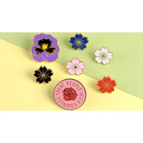 Flower Cherry Blossoms Rose Lapel Metal Pins "TREAT PEOPLE WITH KINDNESS" Brooches Badges Bag Pins Jewelry Gifts For Friends