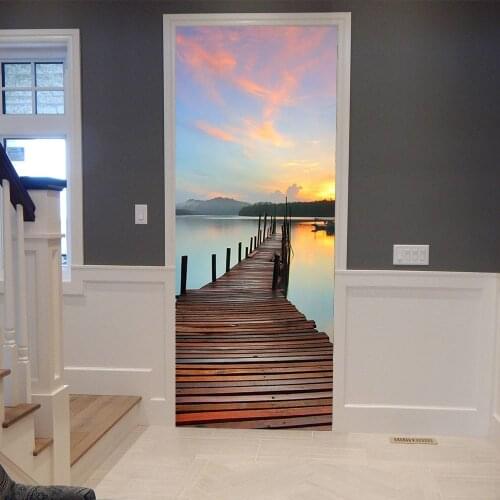 Wooden Dock Home Decoration Door Stickers Bedroom Living Room Decoration Door Decals Waterproof Scenery Two-Pieces Set