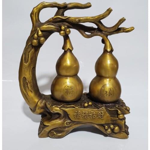 Art Collection chinese old brass gourd sculpture, home decoration Feng shui Metal Crafts 2 gourd model statue