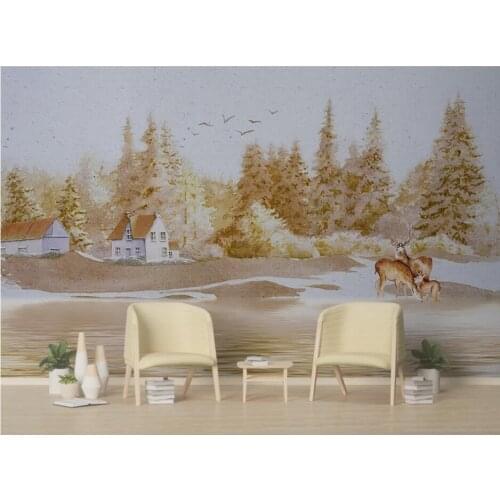 Custom small fresh idyllic nordic style abstract woods elk hillside background wall painting wallpaper