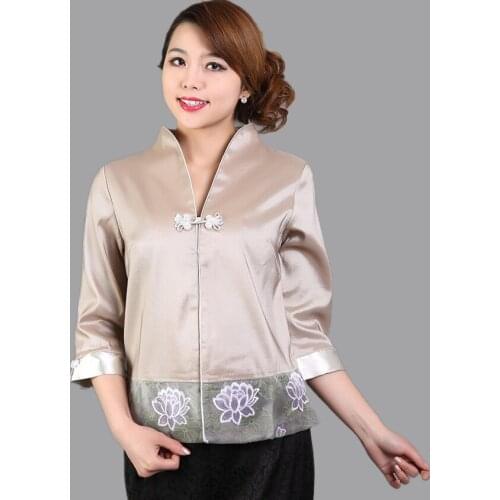 Hot Sale Gray Traditional Chinese style Blouse Ladies' Satin V-Neck Shirt Tops Mujer Camisa Flower Size S M L XL XXL Mns01B