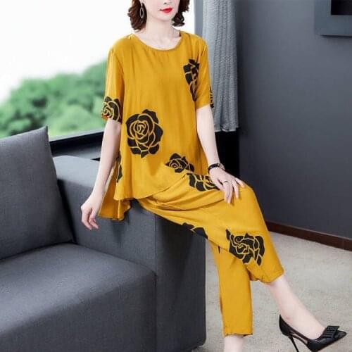 Summer Middle-aged Women 2 Piece Set Outfits Plus Size Floral Print Top & Harlan Pants Suits Casual Korean Ladies Sets Y851