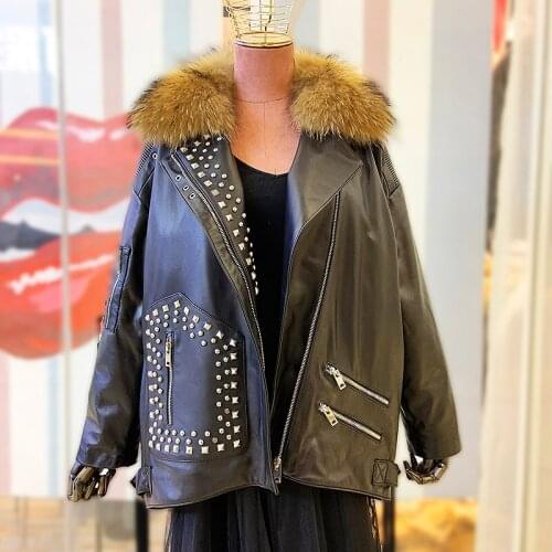 Mayloufer Genuine Leather Jacket 100% Real Sheepskin Coat Removable Natural Raccoon Fur Collar Rivet Tassel