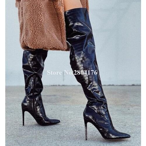 Women Fashion Pointed Toe Black Pattern Leather Over Knee Stiletto Heel Boots Sexy Thigh Long High Heel Boots Club Dress Shoes