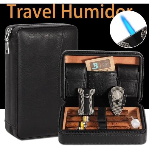GALINER Leather Cigar Humidor With Carbon Fiber Cigar Lighter Cutter Set Portable Cedar Wood Cigar Case Travel Humidor Box Set