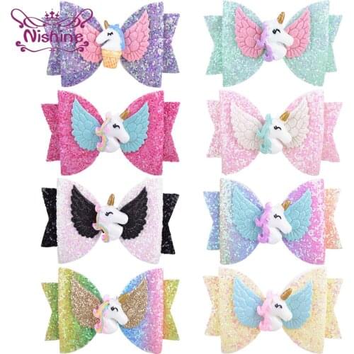 Nishine Lovely Cartoon Wings Unicorn Bowknot Infant Hair Clips Colorful Sequins Bows Baby Girls Hairpins DIY Children Headwear