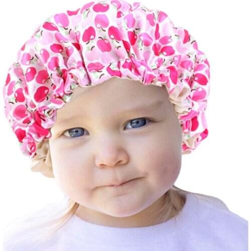 New Cute Baby Double Satin Print Shower Cap Fungus Elastic Adjustment Buckle Night Cap Hat For Children
