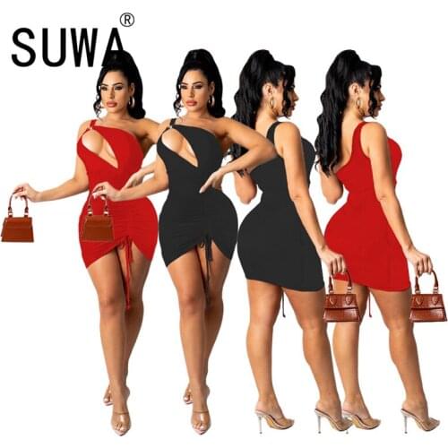 New Style Skew Collar Women Mini Dress Summer Solid Sheath Bodycon Dress Ladies Vestidos