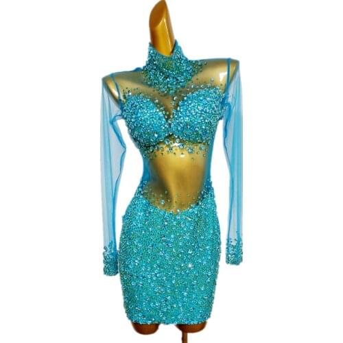 Sky Blue Transparent Stones Dresses Birthday Party Outfit Rhinestones Rompers Women Singer Team Dance Stage performance Costume
