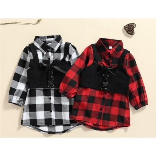 2021 Fashion Girls Casual Two-piece Clothes Set, Plaid Printed Pattern Balloon Sleeve Dress and Black Tie-up Vest 1-6T