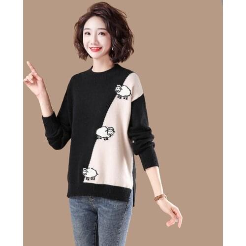 Cartoon Sheep Jacquard Cute Pullover Knit Sweaters Women 2021 Winter Warm Sweet Style Korean Ladies Jacquard Soft Jumpers Tops
