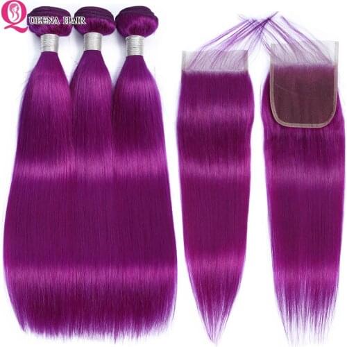 Queena Peruvian Straight Hair Purple Bundles With Closure Colored Human Hair 4*4 Lace Closure With Bundles Remy Hair Extensions