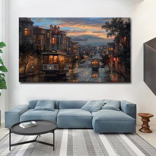 Modern Canvas Painting Wall Art City Tram Street Oil Paintings Posters and Prints Canvas Wall Pictures for Living Room Decor Art