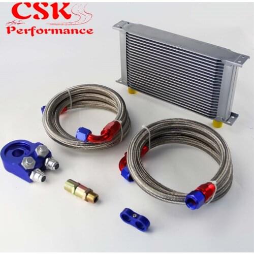 Universal 22 Row 248mm AN10 Engine Transmission Oil Cooler British Type + Aluminum Filter Adapter Kit Silver/Blue/Black