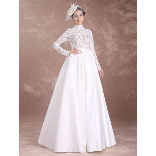 Vintage Wedding Dresses Lace Ivory Bridal Dress Long Sleeve High Collar Illusion Satin Cut Out Floor Length Wedding Gown