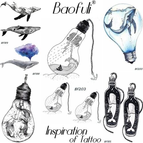 Baofuli Bulb Ocean Waterproof Tattoo Whale Anchor Boat Temporary Tattoo Sticker Black Fake Tatoos Lightning Rain Women Men Body