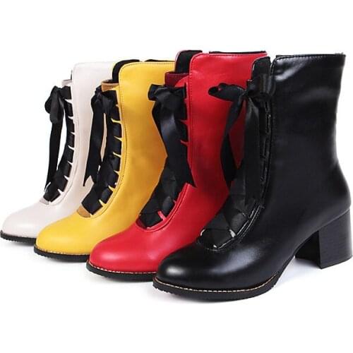 YQBTDL 2020 Fashion Riband Cross Strap Yellow Red Black Ladies Block High Heel Boots Autumn Winter Ankle Boots for Women Booties