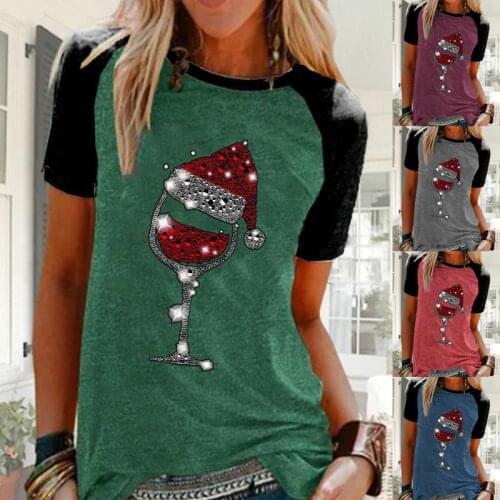 Womens Fashion Christmas Red Wine Glass Printed Comfy T-shirt Casual O-neck Short Sleeved T-Shirt Loose Cotton Blend Tops