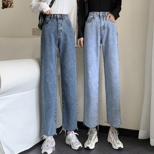 High Waist Jeans Women Straight Loose Denim Button Washed Pockets Retro Slim Ins Korean Style Students All-match Fashion Chic