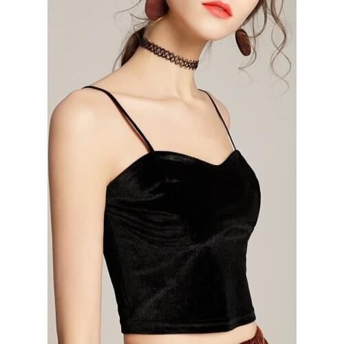2021 Womens Sexy Solid Color Gold Velvet Low-Cut V-Neck Halter High-Waist Elastic Short Slim Sleeveless Inner Base Camisole Top