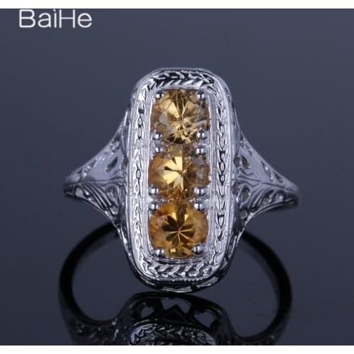 BAIHE Sterling Silver 925 1.2ct Certified Flawless Round 100% Genuine Citrine Engagement Women Vintage Fine Jewelry unique Ring