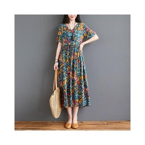 Summer Floral Printed Cotton Linen Dress 2021 New Sweet Women O Neck Ladies Dresses Short Sleeve Vestidos Femininos Midi Dresses