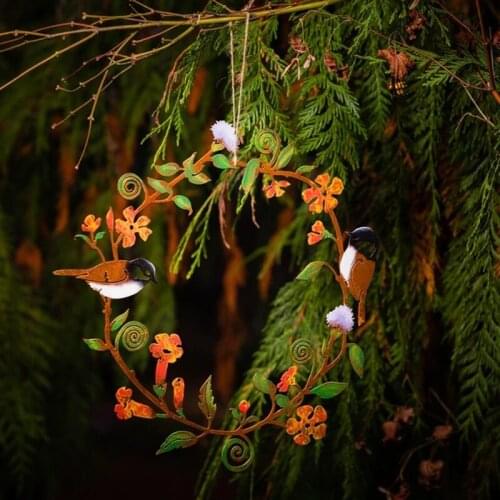 Chickadees Flowers Wreath Wall Art Metal Birds & Flowers Innovative Home Garden Decor for Indoor Outdoor JW
