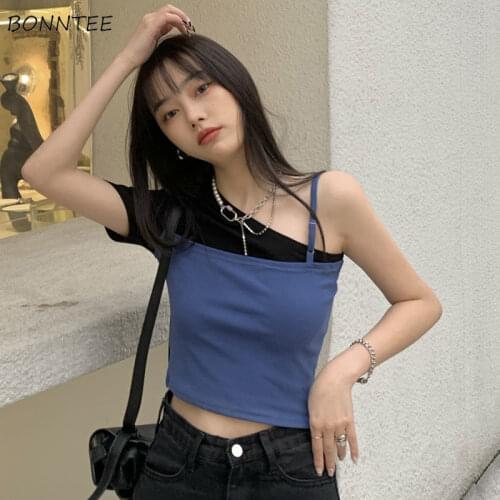 T-shirts Women Fashion Fake Two Piece Patchwork Summer Black Sexy Off Shoulder Crop Tops Slim Bodycon Shorts Sleeve Ulzzang Chic