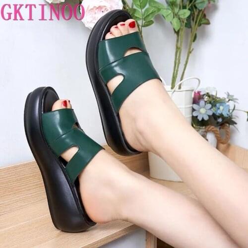 GKTINOO Women Slippers Summer 2021 Casual Shoes Genuine Leather Wedges Platform Slippers Women Sandals High Heel Slides