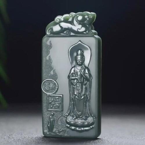 Natural Hetian Jade Hand-carved Lotus Stand Avalokitesvara Pendant Buddhist Prayer Necklace for Mens Christmas Gift