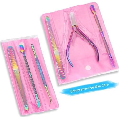Multi-type Rainbow Stainless Steel Nail Art Tools Cuticle Pusher Dead Skin Fork Gel Remover Nipper Tweezer Pedicure Manicure Set