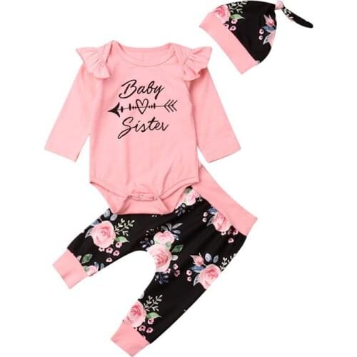 3Pcs Clothes Set !!! 0-24M Newborn Kid Toddler Baby Girl Clothes Long Sleeve Print Letter Romper Top +Floral Pants+Hat Set