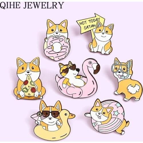 Cute Cartoon Puppy Collection Enamel Pins Corgi Swimming Ring Dog Brooches Lapel Pin Badges Jewelry Gift for Friends Wholesale