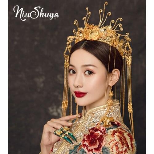NiuShuya New Brides Gold Crown Chinese Phoenix Coronet Peacock Hair Ornament Cheongsam Dress Hair Tiara Accessories