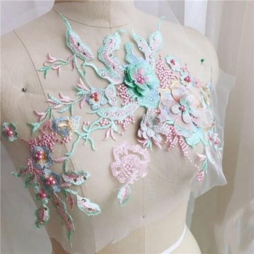 New 1pc 3D Flower Embroidery Lace Applique Beaded Pearl Tulle For DIY Wedding Dress Patchwork Clothes Accessory