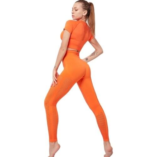 Orange Womens Sportswear Yoga Set Workout Clothes Athletic Wear Gym Legging Seamless Fitness Crop Top Short Sleeve Yoga Suit