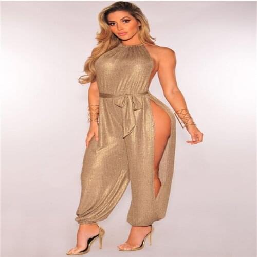 Hot Sexy Ladies Playsuit Fashion Halter Black Apricot Polyester Evening club party Women Jumpsuit Hollow Out Womens Bodysuits