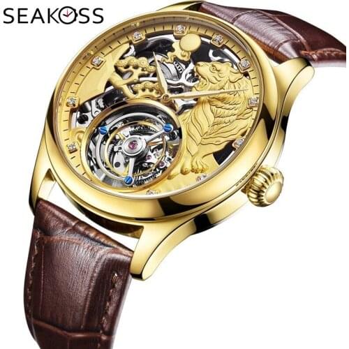 Luxury Tiger Skeleton Mens Tourbillon Manual Mechanical Mens Watch Sapphire Alligator Leather Men Watch Diamond Luminous Watch
