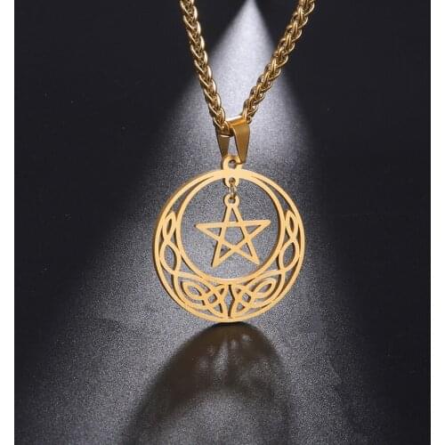 Teamer Pentagram Star and Moon Necklace for Women Men Celtics Knot Pendant Choker Wicca Amulet Vintage Jewelry Birthday Gifts